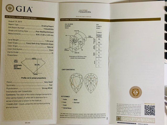 1 pcs Diamant  (Naturfarvet)  - 106 ct - Pære - Fancy dark Grå Gullig Grøn - I3 - Gemological Institute of America (GIA)