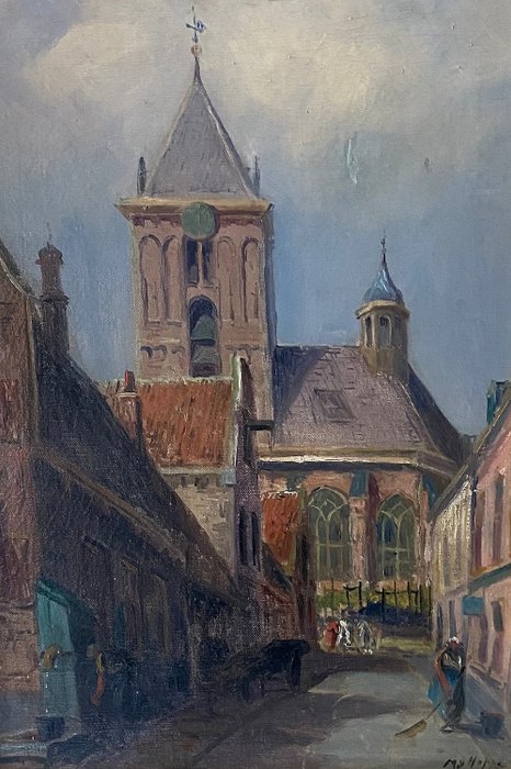 Hollandse School (XX) - Stadsgezicht met kerktoren