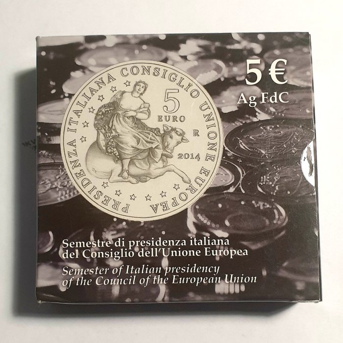 Italien. 5 Euro 2014 "Semestre di presidenza Italiana del Consiglio dell'Unione europea" Proof  (Ingen mindstepris)