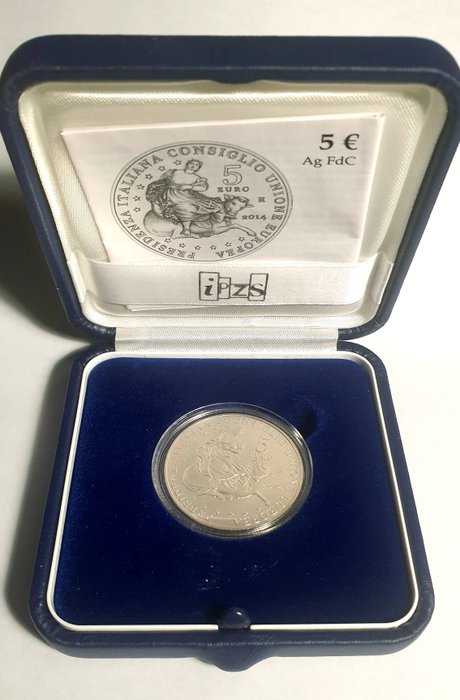 Italien. 5 Euro 2014 "Semestre di presidenza Italiana del Consiglio dell'Unione europea" Proof  (Ingen mindstepris)