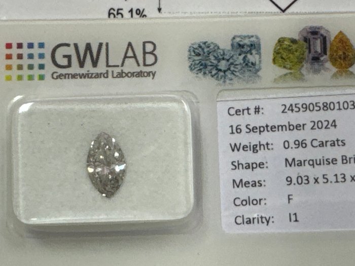 Ingen mindstepris - 1 pcs Diamant  (Natur)  - 096 ct - Marquise - F - I1 - Gemewizard Gemological Laboratory (GWLab)