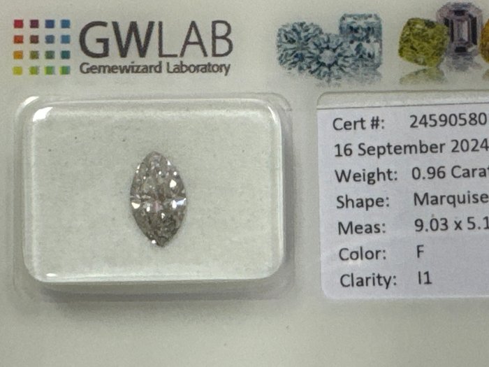 Ingen mindstepris - 1 pcs Diamant  (Natur)  - 096 ct - Marquise - F - I1 - Gemewizard Gemological Laboratory (GWLab)