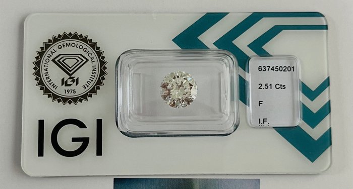 1 pcs Diamant  (Natur)  - 2.51 ct - Rund - F - IF - International Gemological Institute (IGI) - *EX EX Ingen*