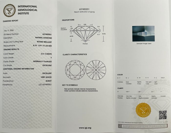 1 pcs Diamant  (Natur)  - 2.51 ct - Rund - F - IF - International Gemological Institute (IGI) - *EX EX Ingen*