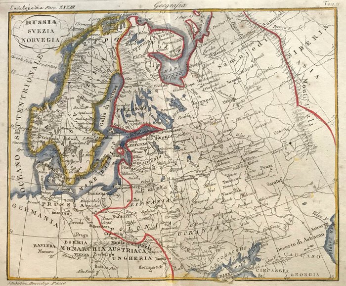 Russia, Polonia, Ucrania, Norvegia, Svezia, Lituania - øst Europa; Stabilimento Tipografico Enciclop. dell Antica Ditta Girolamo Tasso in Venezia 1870 - "Russia Svezia Norvegia.." 1875 - 1861-1880