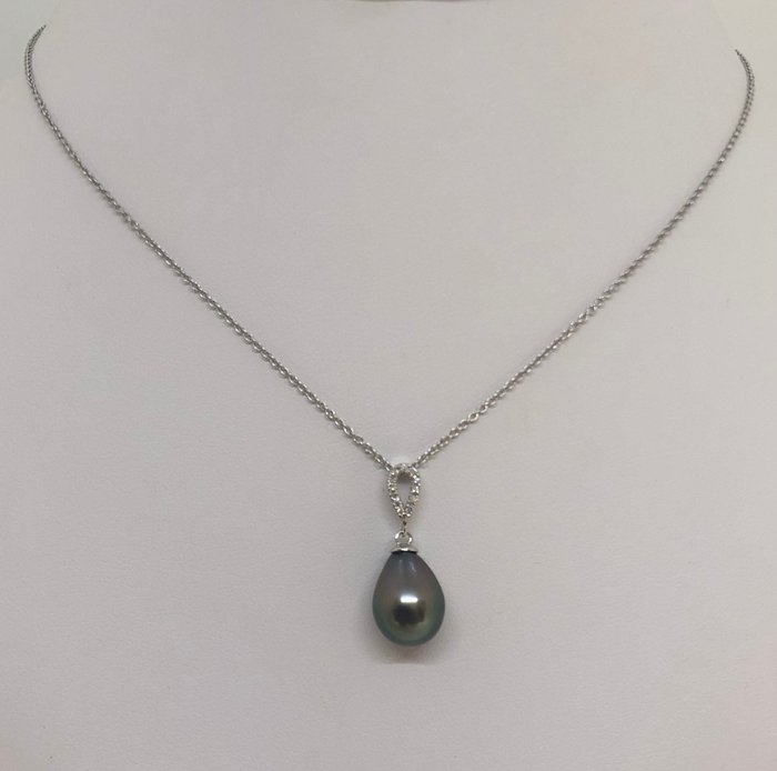 Halskæde med vedhæng Tahitian Drop Pearl - Hvidguld 18K -  0.06ct. tw. Diamant (Natur)