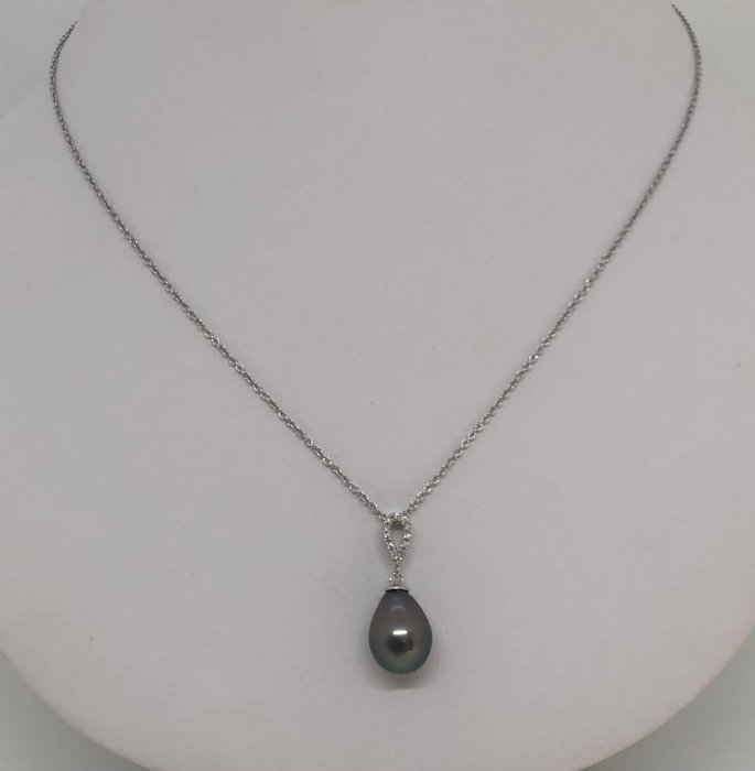 Halskæde med vedhæng Tahitian Drop Pearl - Hvidguld 18K -  0.06ct. tw. Diamant (Natur)