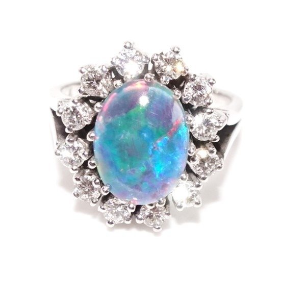 Ring - 14 karat Hvidguld -  3.30ct. tw. Opal - Diamant - Størrelse 52 kan ændres