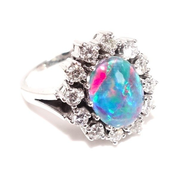 Ring - 14 karat Hvidguld -  3.30ct. tw. Opal - Diamant - Størrelse 52 kan ændres