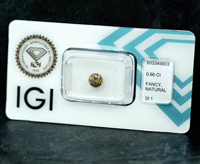 1 pcs Diamant  (Naturfarvet)  - 0.66 ct - Rund - Fancy intense Brunlig Gul - SI1 - International Gemological Institute (IGI)