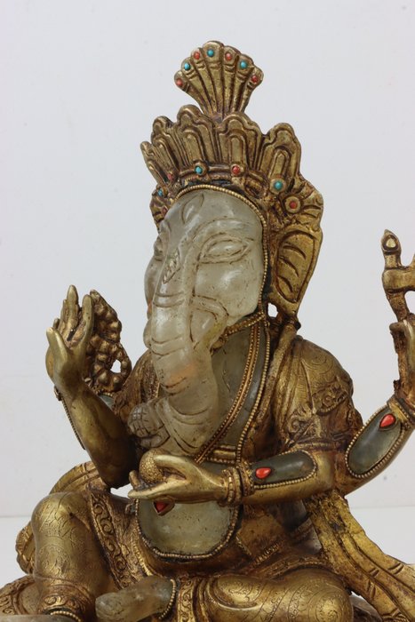 Statue, Schitterend beeld Ganesha op lotustroon - 23 cm - bronzebelagt krystal - 1985