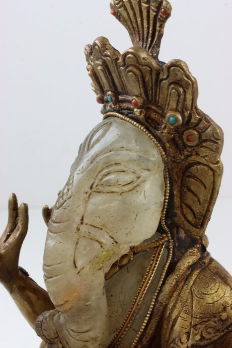 Statue, Schitterend beeld Ganesha op lotustroon - 23 cm - bronzebelagt krystal - 1985