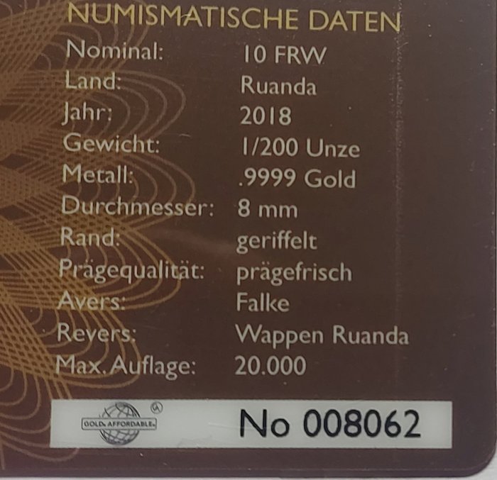 Rwanda 10 Amafranga 2018 Icons of the World - Falke 1/200 Oz (999)  (Ingen mindstepris)