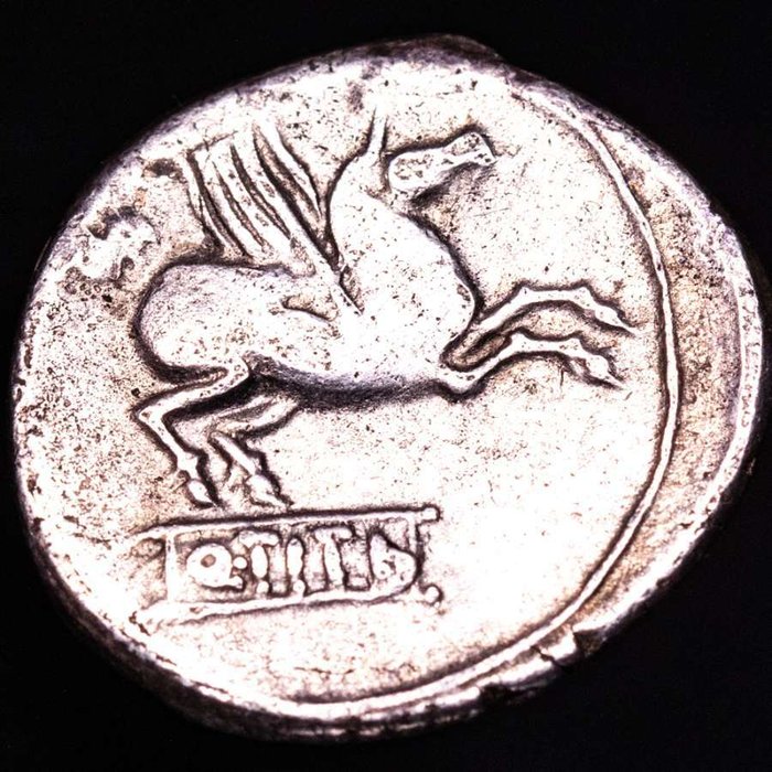 Romerska republiken. Q. Titius, 90 f.Kr.. Denarius Rome mint. Q. TITI on a tablet from which springs Pegasus  (Ingen mindstepris)