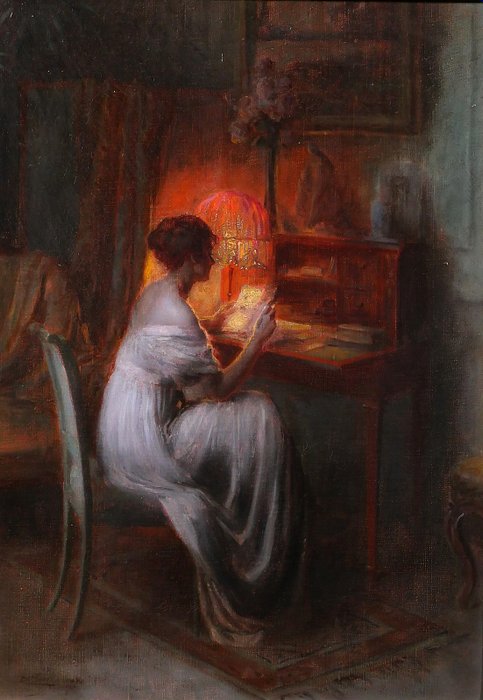 Delphin Enjolras (1857-1945) - Woman reading a letter in her interior, evening effect