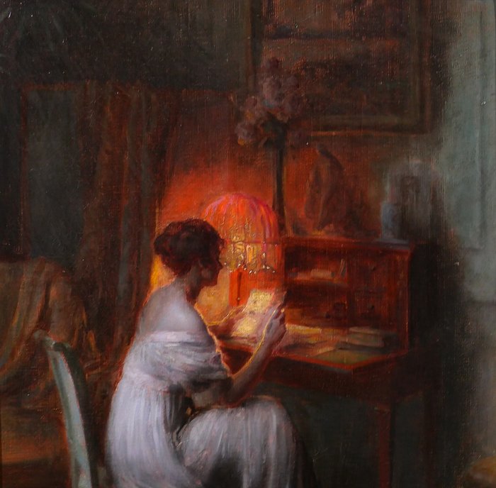 Delphin Enjolras (1857-1945) - Woman reading a letter in her interior, evening effect