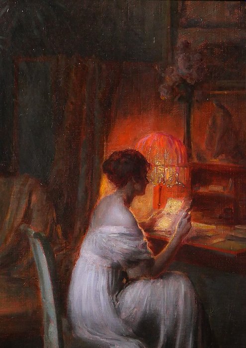 Delphin Enjolras (1857-1945) - Woman reading a letter in her interior, evening effect