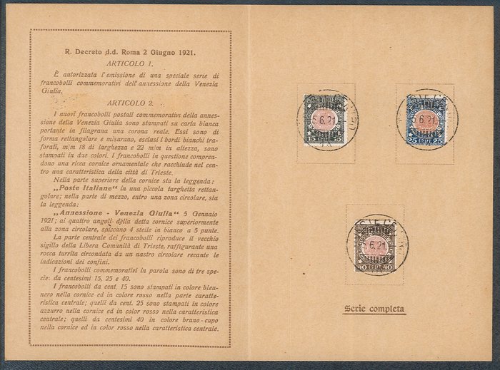 Italien Kongerige 1921 - Anneksering af Venezia Giulia komplet serie n. 113/15 i sjælden Mappe.