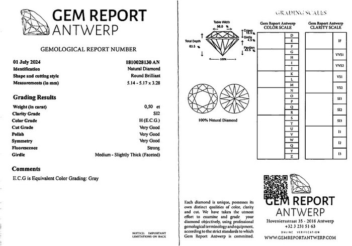 Ingen mindstepris - 1 pcs Diamant  (Naturfarvet)  - 050 ct - Rund Grå - SI2 - Gem Report Antwerp (GRA)