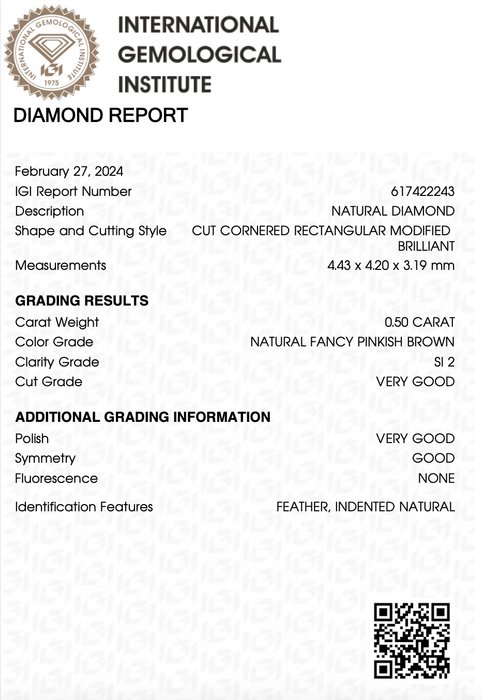 1 pcs Diamant  (Naturfarvet)  - 0.50 ct - Fancy Rosa Brun - SI2 - International Gemological Institute (IGI)