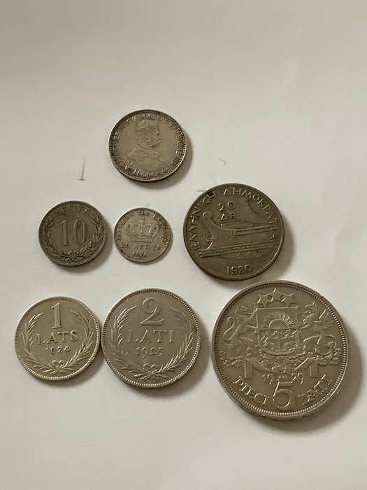 Østeuropa. A Lot of 7x Old Silver Coins of Hungary, Greece  Latvia 1874-1930  (Ingen mindstepris)