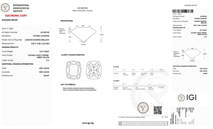 Ingen mindstepris - 1 pcs Diamant  (Naturfarvet)  - 0.27 ct - Pude - Fancy intense Grøn Gul - SI2 - International Gemological Institute (IGI)