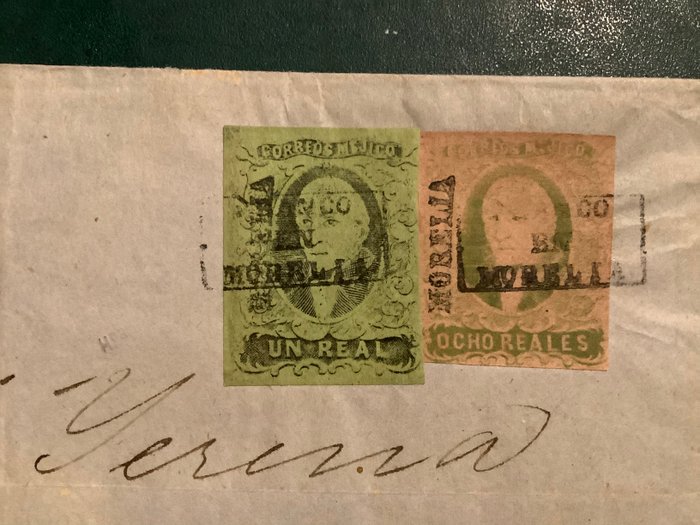 Mexico 1861 - 1 og 8 Real Miguel Hidzlgo på farvet papir på brev - Michel 7 I en 10 I