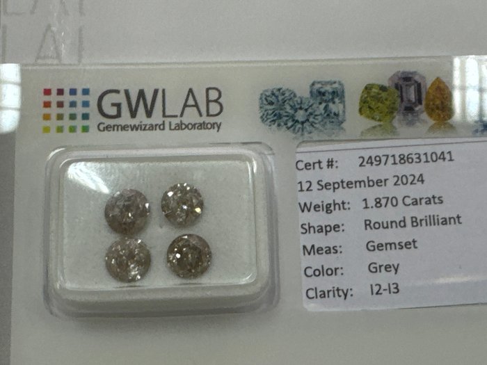 Ingen mindstepris - 4 pcs Diamant  (Naturfarvet)  - 187 ct - Rund Grå - I2 I3 - Gemewizard Gemological Laboratory (GWLab)