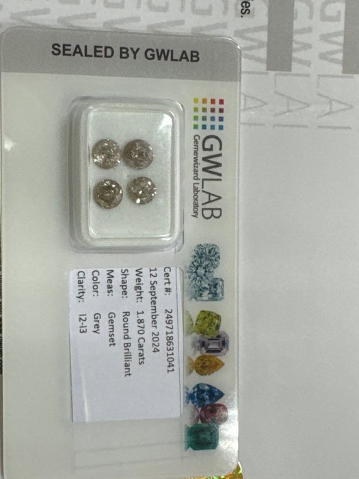 Ingen mindstepris - 4 pcs Diamant  (Naturfarvet)  - 187 ct - Rund Grå - I2 I3 - Gemewizard Gemological Laboratory (GWLab)