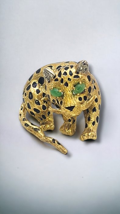 Broche - 18 kraat Gulguld, 18 karat gult guld og diamant leopardbroche 21 gram