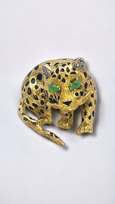 Broche - 18 kraat Gulguld, 18 karat gult guld og diamant leopardbroche 21 gram