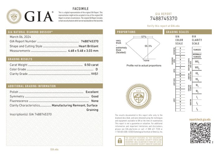 Ingen mindstepris - 1 pcs Diamant  (Natur)  - 0.50 ct - Hjerte - D (farveløs) - VVS1 - Gemological Institute of America (GIA)