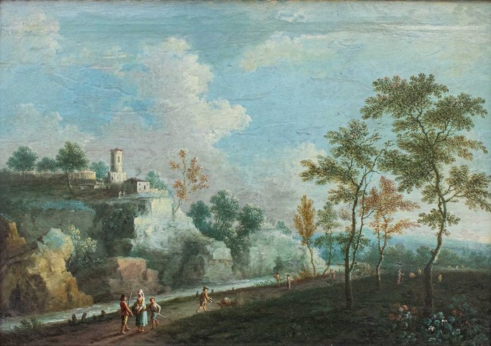 Paolo Anesi (1697 – 1773) Ambito di - Paesaggio fluviale con figure