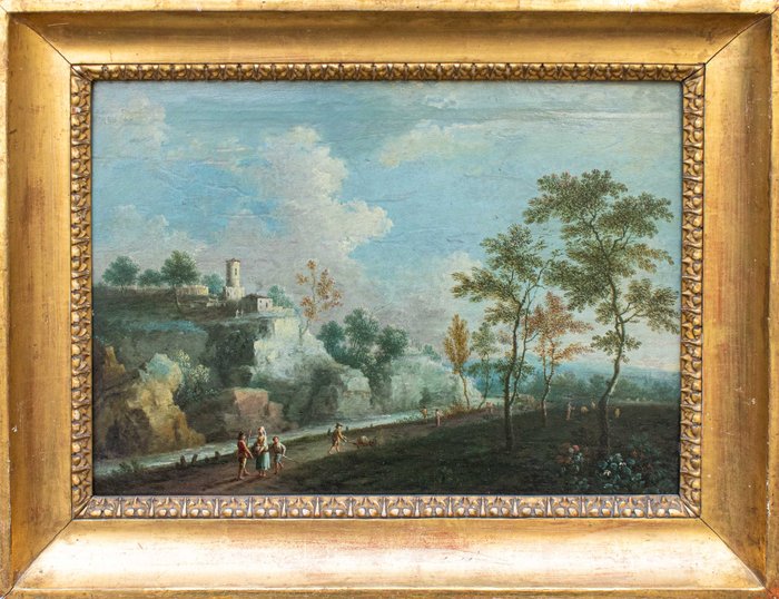 Paolo Anesi (1697 – 1773) Ambito di - Paesaggio fluviale con figure