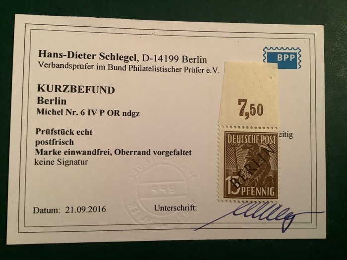 Berlin 1948 - 15 Pf sort print med OR og pladefejl brudt R - vægfrit fotocertifikat Schlegel BPP - Michel 6 IV POR ndgz