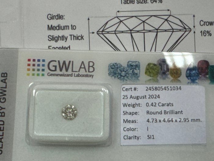 Ingen mindstepris - 1 pcs Diamant  (Natur)  - 0.42 ct - Rund - I - SI1 - Gemewizard Gemological Laboratory (GWLab)