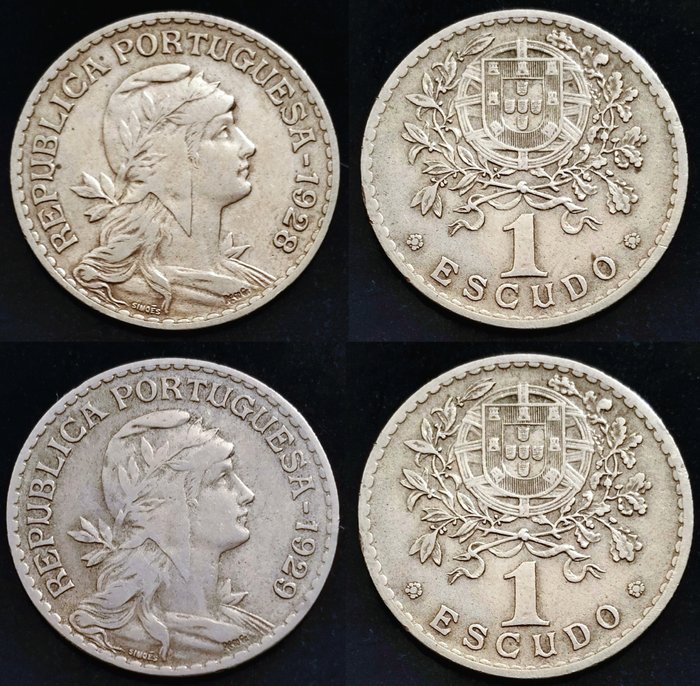 Portugal Republic 1 Escudo - 1928 + 1929 - Alpaca - Escassas - (2 moedas)  (Ingen mindstepris)