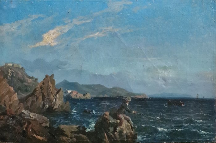 Antoine Bronzi (1814-1895) Attr a - Marina con pescatore