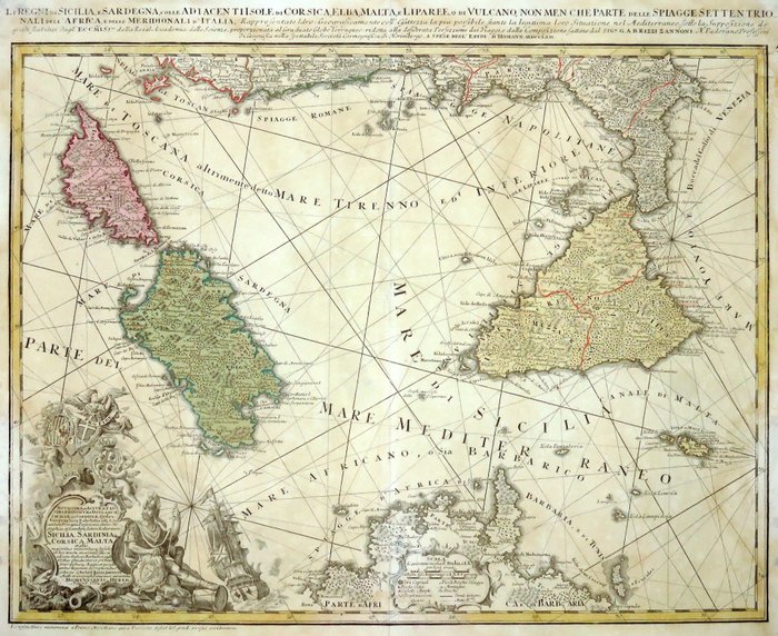 Italien - Sicilia, Sardegna, Korsika, Malta; Rizzi Zannoni / Homann - Li Regni di Sicilia e Sardegna colle Adiacenti Isole di Corsica, Elba, Malta e Liparee od i Vulcano - 1762