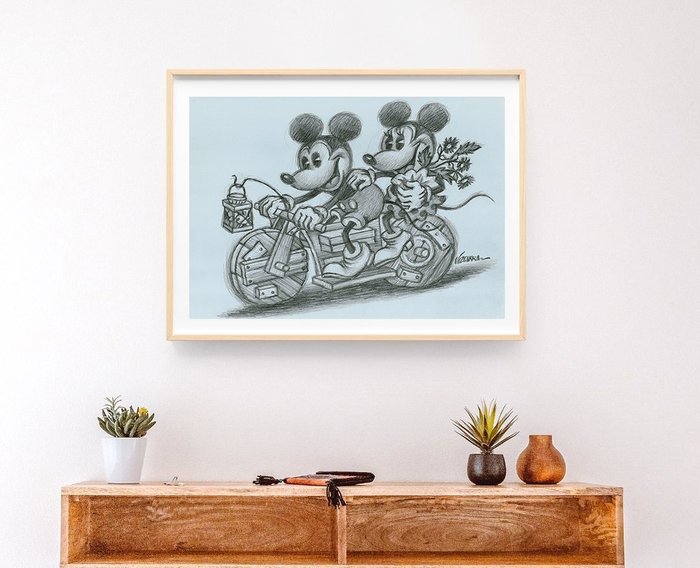 Joan Vizcarra - Mickey  Minnie on Vintage Wooden Bike - Original Pencil Drawing