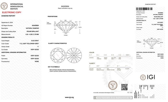 Ingen mindstepris - 1 pcs Diamant  (Naturfarvet)  - 032 ct - Rund - Light Gullig Grå - I1 - International Gemological Institute (IGI)