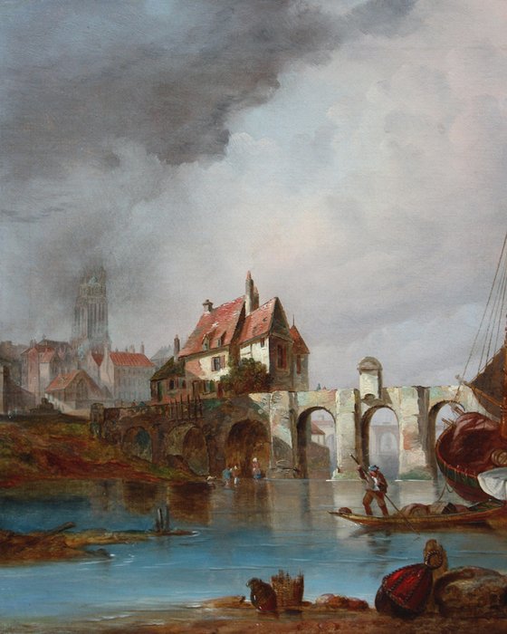 British school (ca. 1860) - Harbour with a medieval bridge