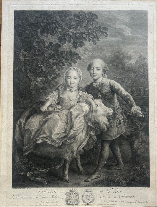 Jacques Firmin Beauvarlet (1731- 1797), after, Drouais François Hubert (1727-1775) - Borboni, Napoli //Le comte d'Artois enfant soutenant Mlle Clotilde montée sur une chèvre