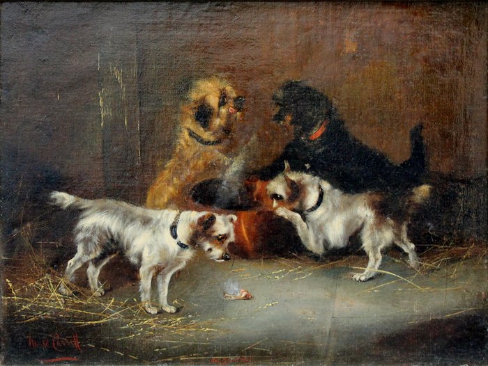 Frank Cassell (1862-1908) - Playful Terriers in a Barn