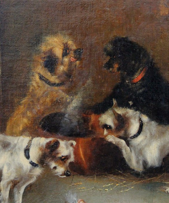 Frank Cassell (1862-1908) - Playful Terriers in a Barn