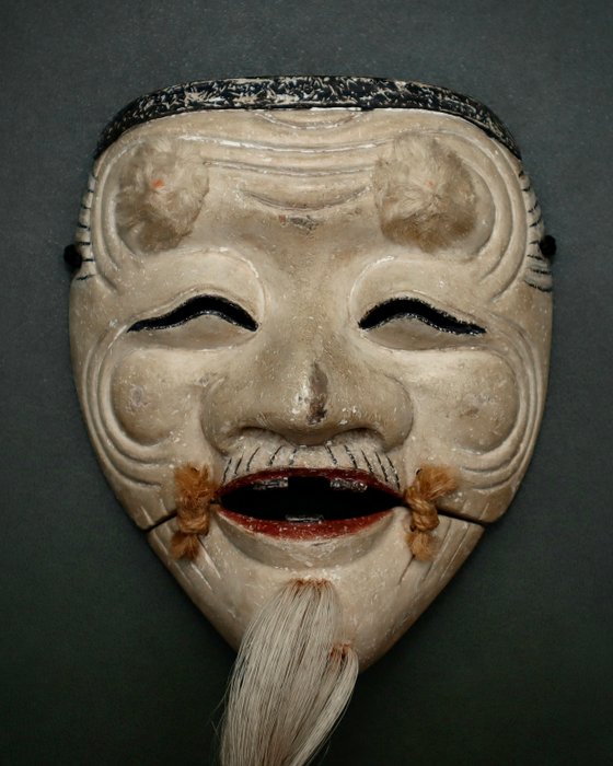 Excellent carved Japan Wooden Noh Mask of Okina 翁 (with Mask Bag) - Skulptur Træ - Japan  (Ingen mindstepris)