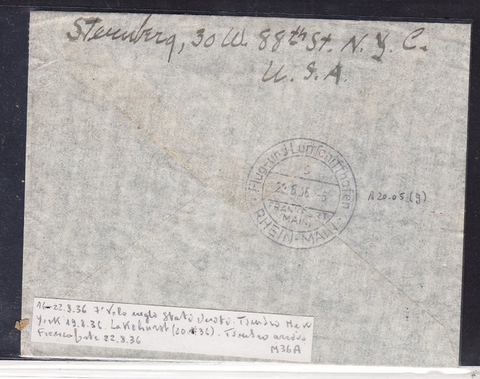 Förenta staterna 1936 - Brev fra den syvende Zeppelin Hindenburg-flyvning fra USA til Holland 19/08/1936 - Scott diversi numeri