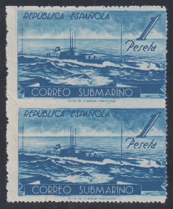 Spanien 1938 - Submarine Mail. 1 peseta, blå. - Edifil 775spv