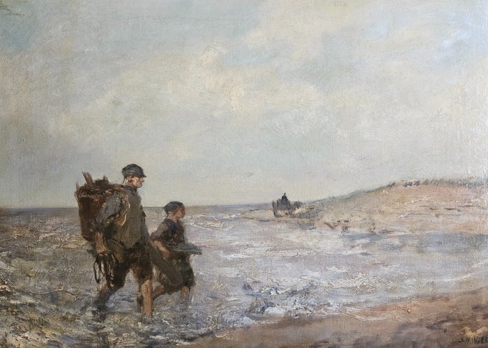 J.H. Wolhoff (1881-1941) - Marine met garnalenvissers aan het strand