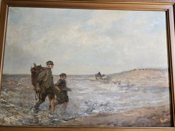 J.H. Wolhoff (1881-1941) - Marine met garnalenvissers aan het strand